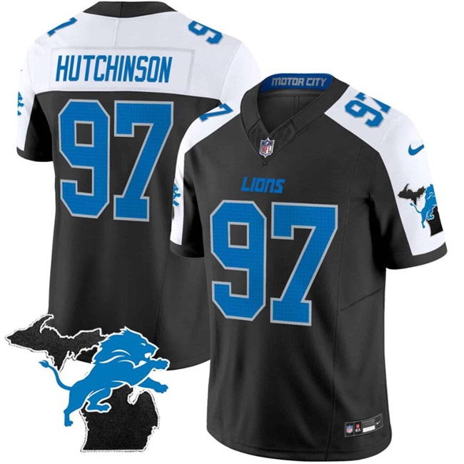 Men's Detroit Lions #97 Aidan Hutchinson Black/White F.U.S.E. 2024 Michigan Patch Vapor Limited Stitched Jersey Men's Detroit Lions #97 Aidan Hutchinson Black/White F.U.S.E. 2024 Michigan Patch Vapor Limited Stitched Jersey